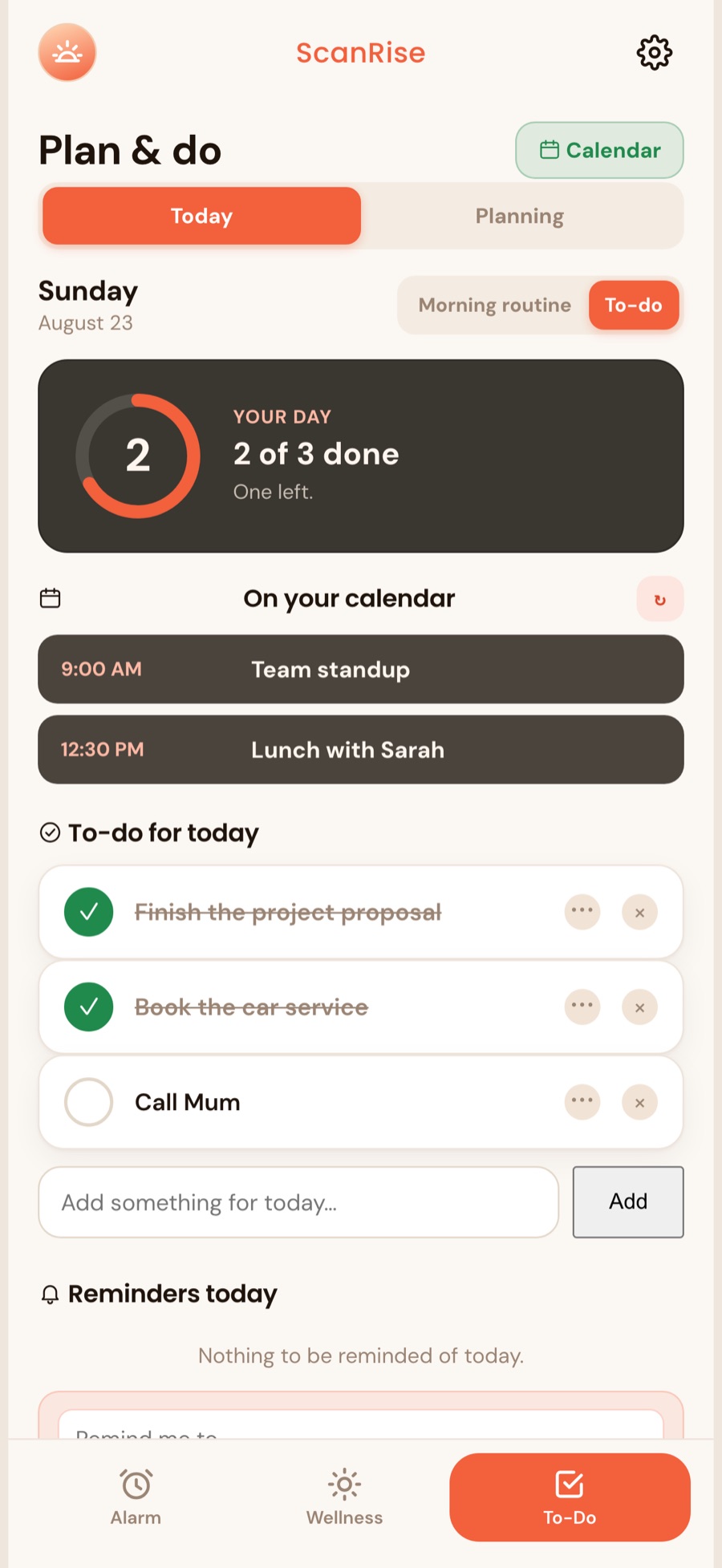 ScanRise daily planner: on your calendar and to-do for today
