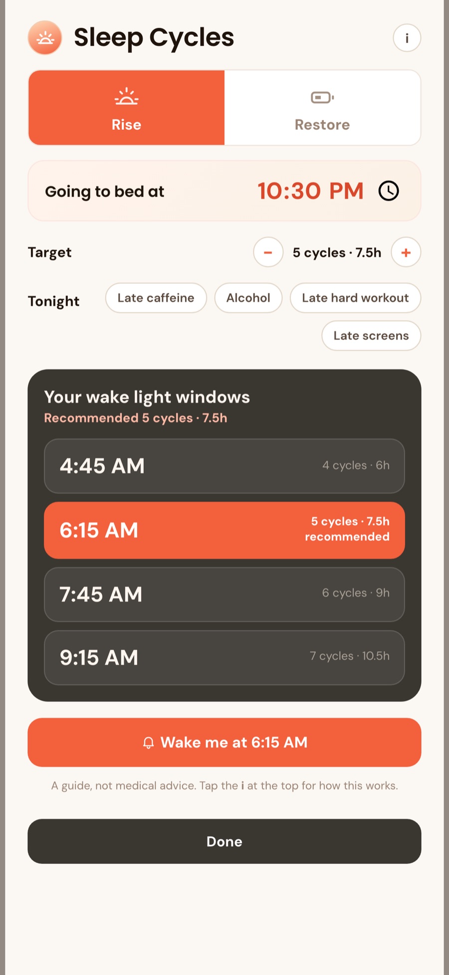 Sleep calculator showing wake light windows